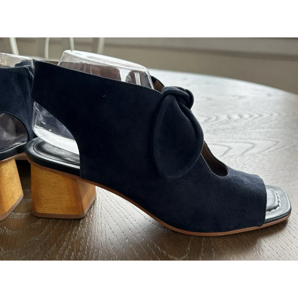 Bernardo Lizzie Navy Suede Booties Open Toe Block Wood Heel Designer Bow | 8.5 - Picture 7 of 9